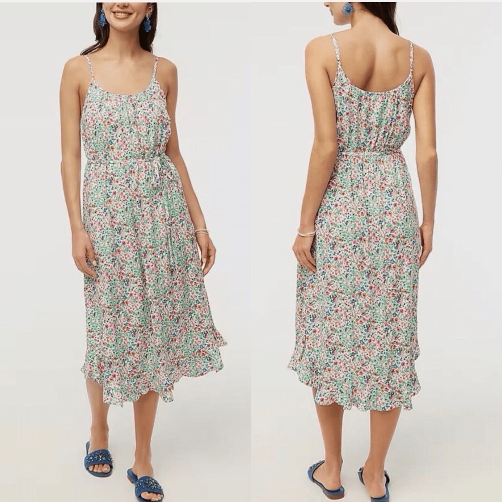 J.CREW Midi Dress Women Floral Ruffle  Curved Hem Tie-Waist Viscose Size 8